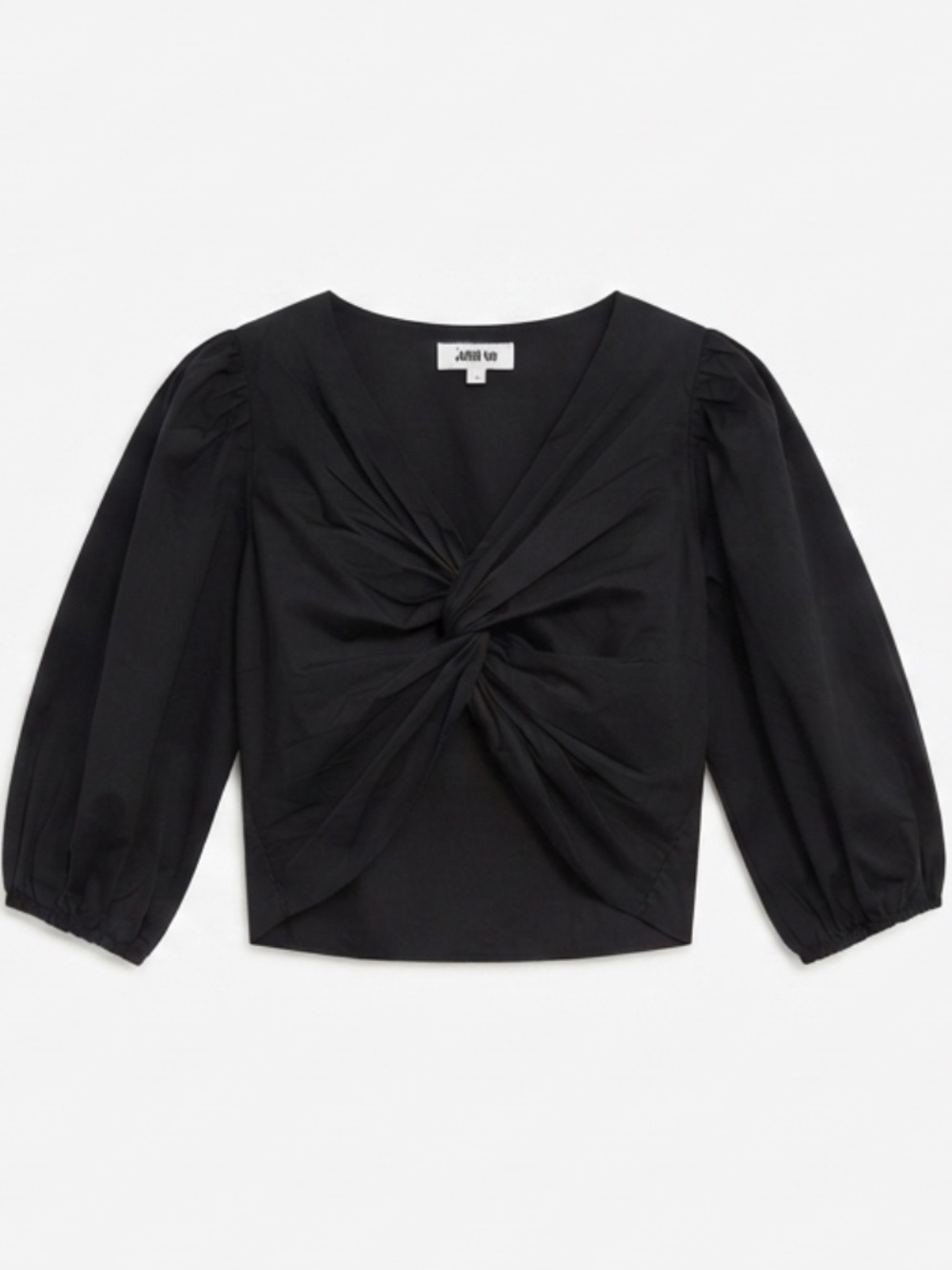 Jason Wu Black Cotton Twist-Front Puff Sleeve Crop Blouse (XS)